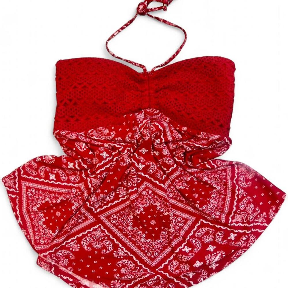 Y2k Red Crochet Bandana Print Halter Top